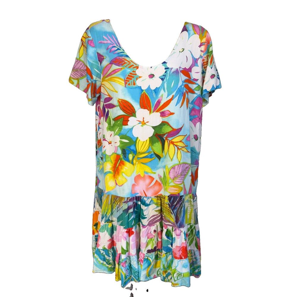 Jams World Hattie Dress Womens L Multicolor Tiered Floral Hawaiian Tropical